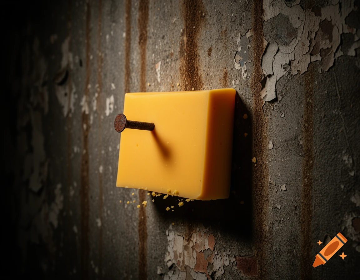 A block of cheddar cheese is nailed to a dark, peeling, dirty wall with a rusty nail.