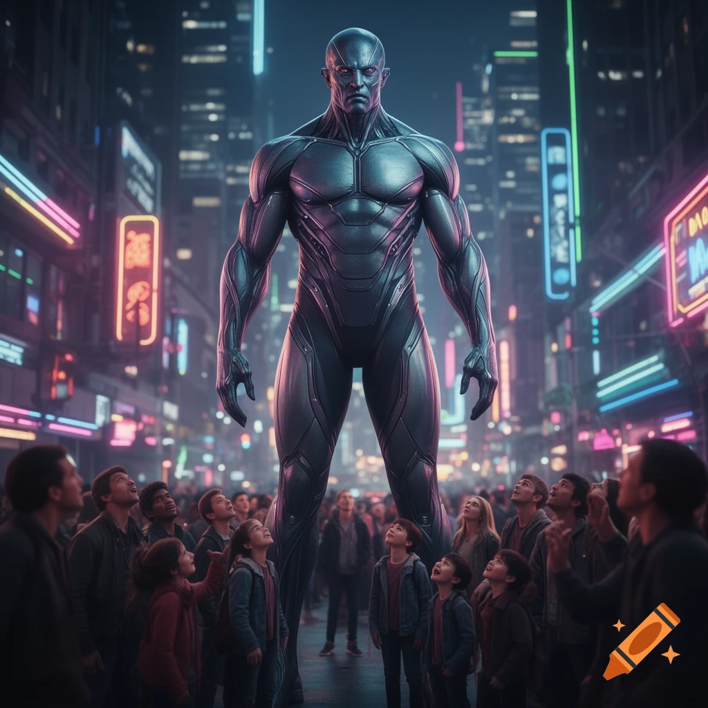 A giant, metallic humanoid stands in a bustling neon-lit city street at night, with a crowd of people looking up in awe.