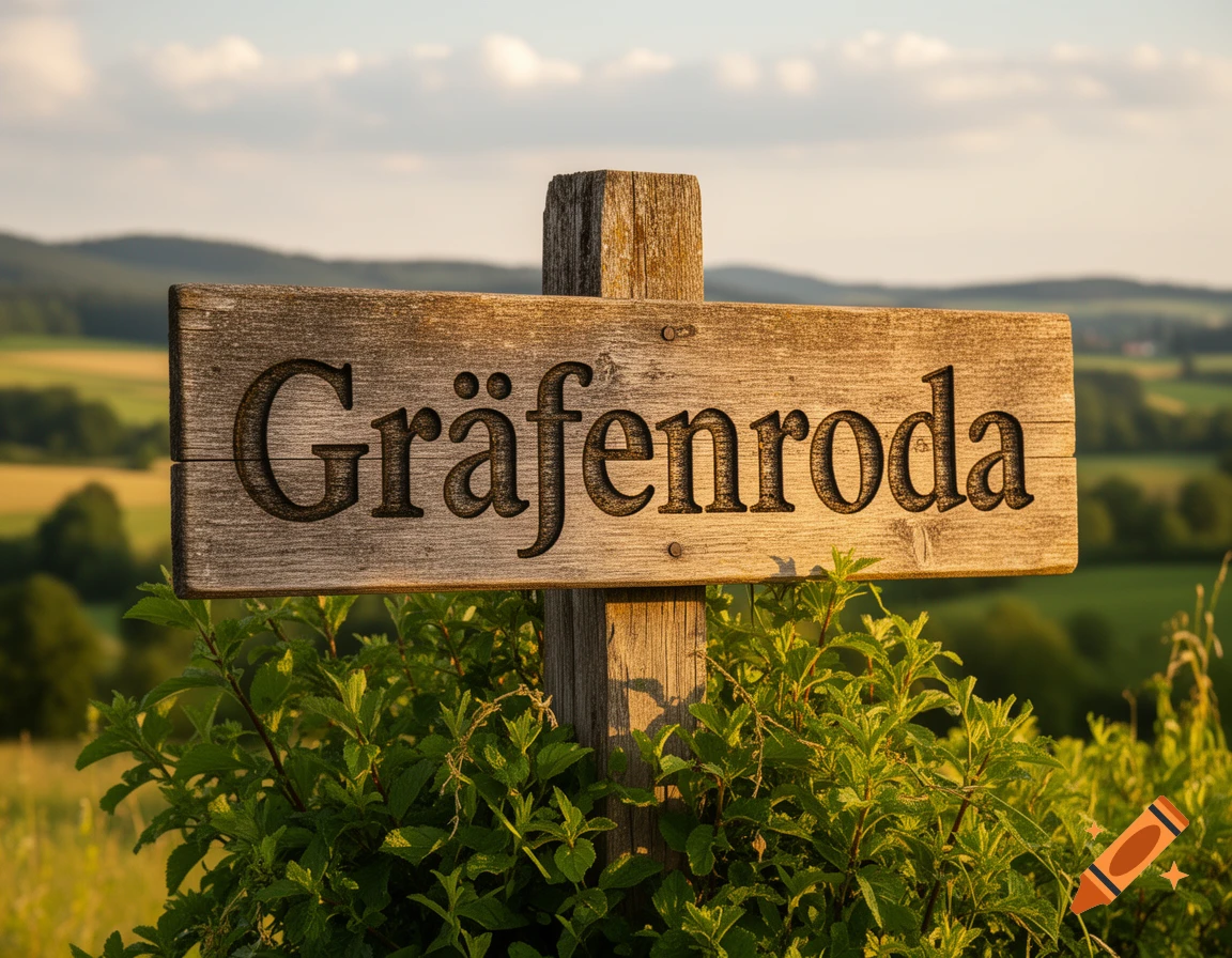 A close-up, photorealistic shot of a wooden sign reading "Gräfenroda" against a blurred backdrop of green hills and a bright sky at sunset.