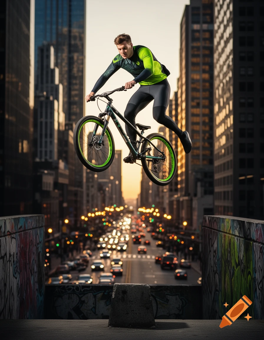 Photorealistic image of a man in athletic gear high-flying on a bicycle above a busy city street at sunset, with skyscrapers in the background.