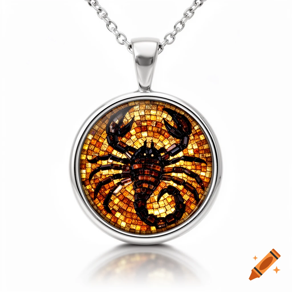 A silver pendant with a mosaic scorpion design in orange and brown tones, hanging from a silver chain on a white background.