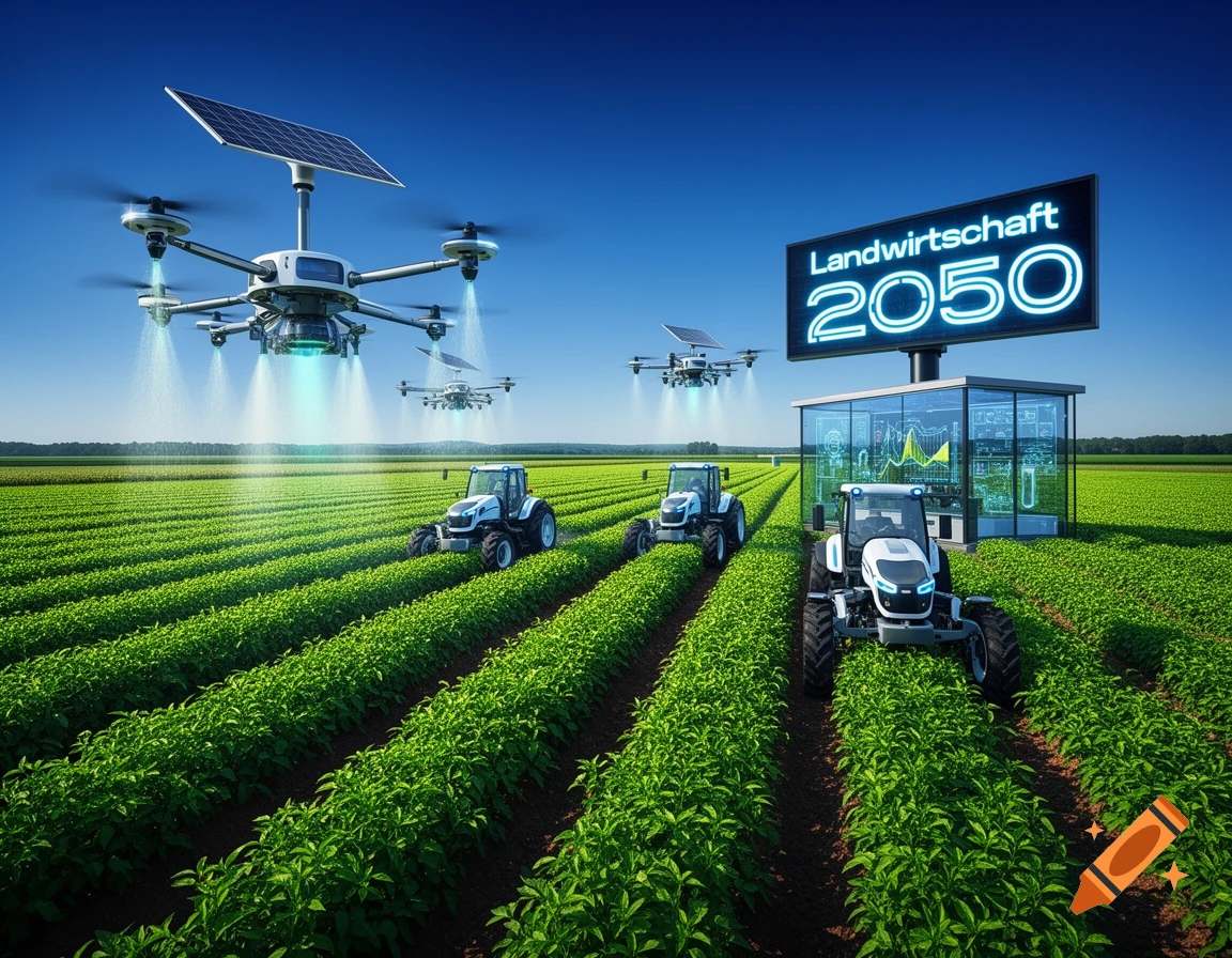 Photorealistic image of a futuristic farm with drones spraying crops over green fields, modern tractors, and a billboard reading 'Landwirtschaft 2050'.