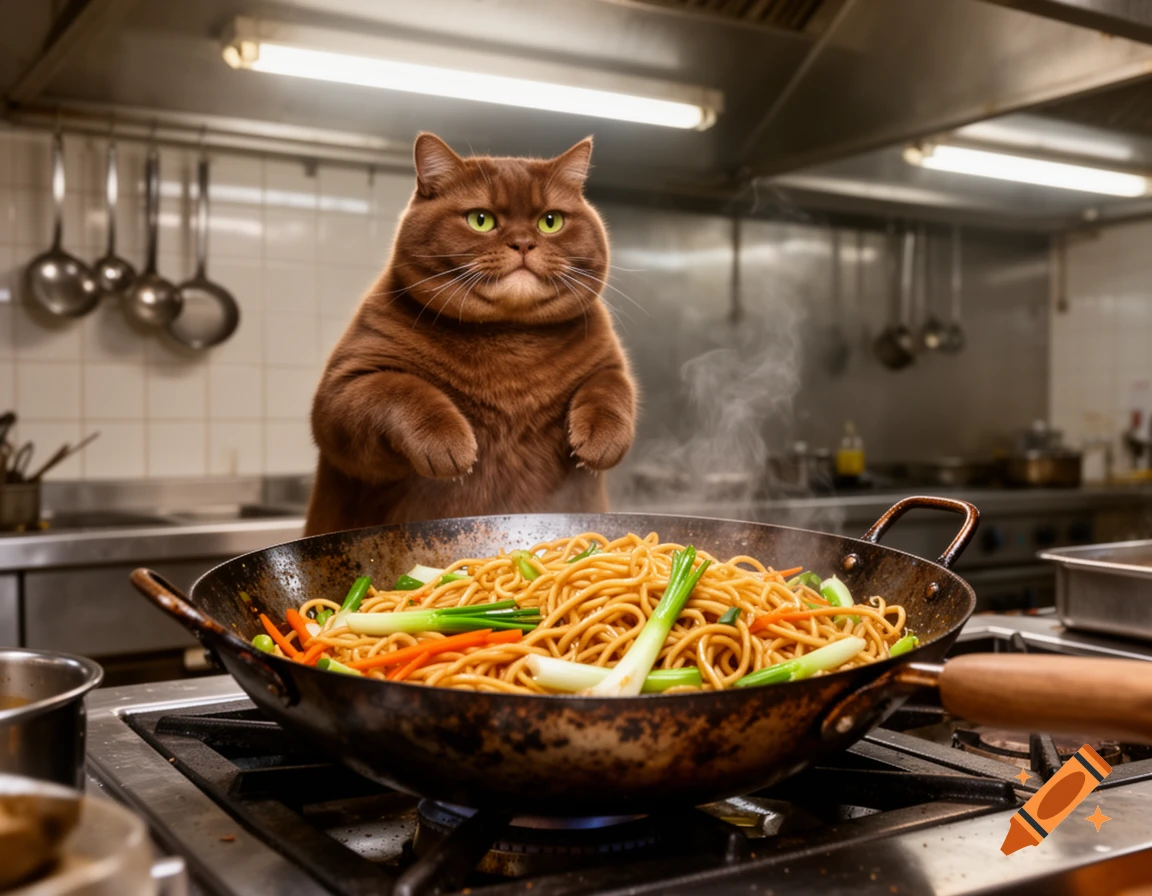 A chubby brown cat cooks chow mein in a steaming wok on a stove in a professional kitchen, looking directly at the viewer.