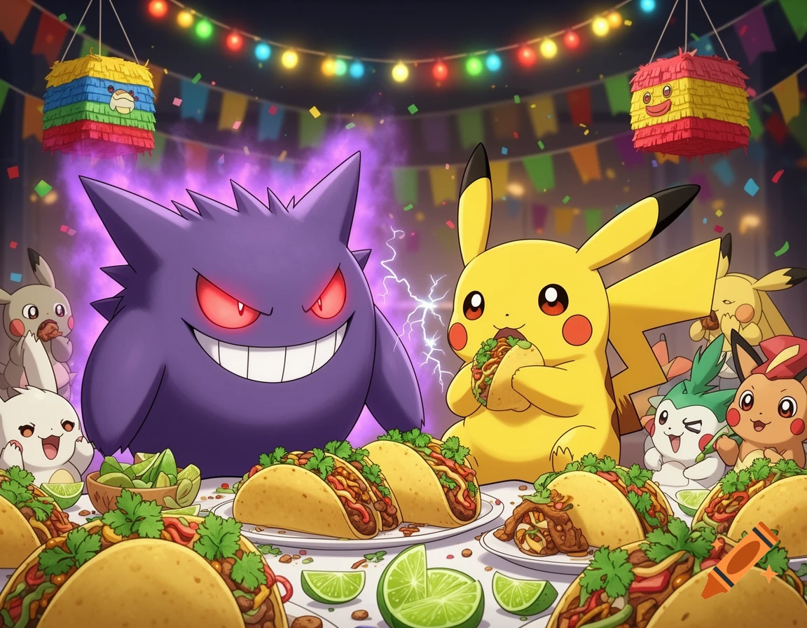 Gengar, Pikachu, and other Pokémon characters celebrate at a taco party with string lights and piñatas, eating tacos in a cartoon style.