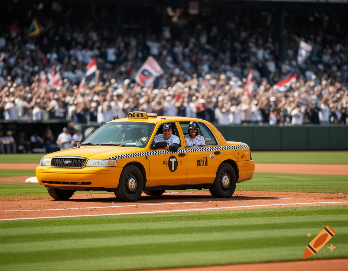 A yellow taxi with two baseball players in Yankee uniforms drives across a baseball field in front of a cheering crowd.