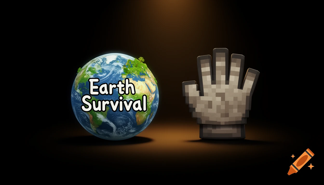 A stylized Earth globe with 'Earth Survival' text next to a pixelated Minecraft-style hand, against a dark background.