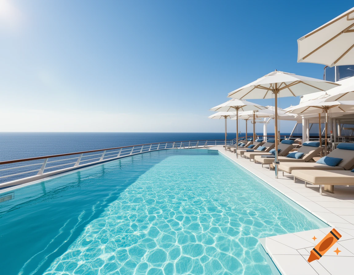 A sun-drenched infinity pool on a cruise ship overlooks the vast blue ocean, lined with lounge chairs and umbrellas.