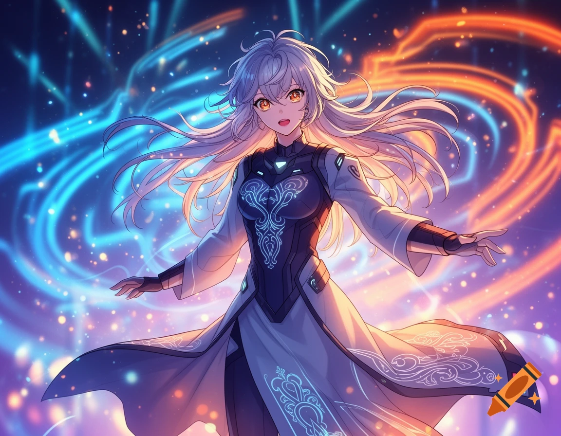 Anime girl with white hair and orange eyes in a dark and white outfit, surrounded by glowing blue and orange light trails.