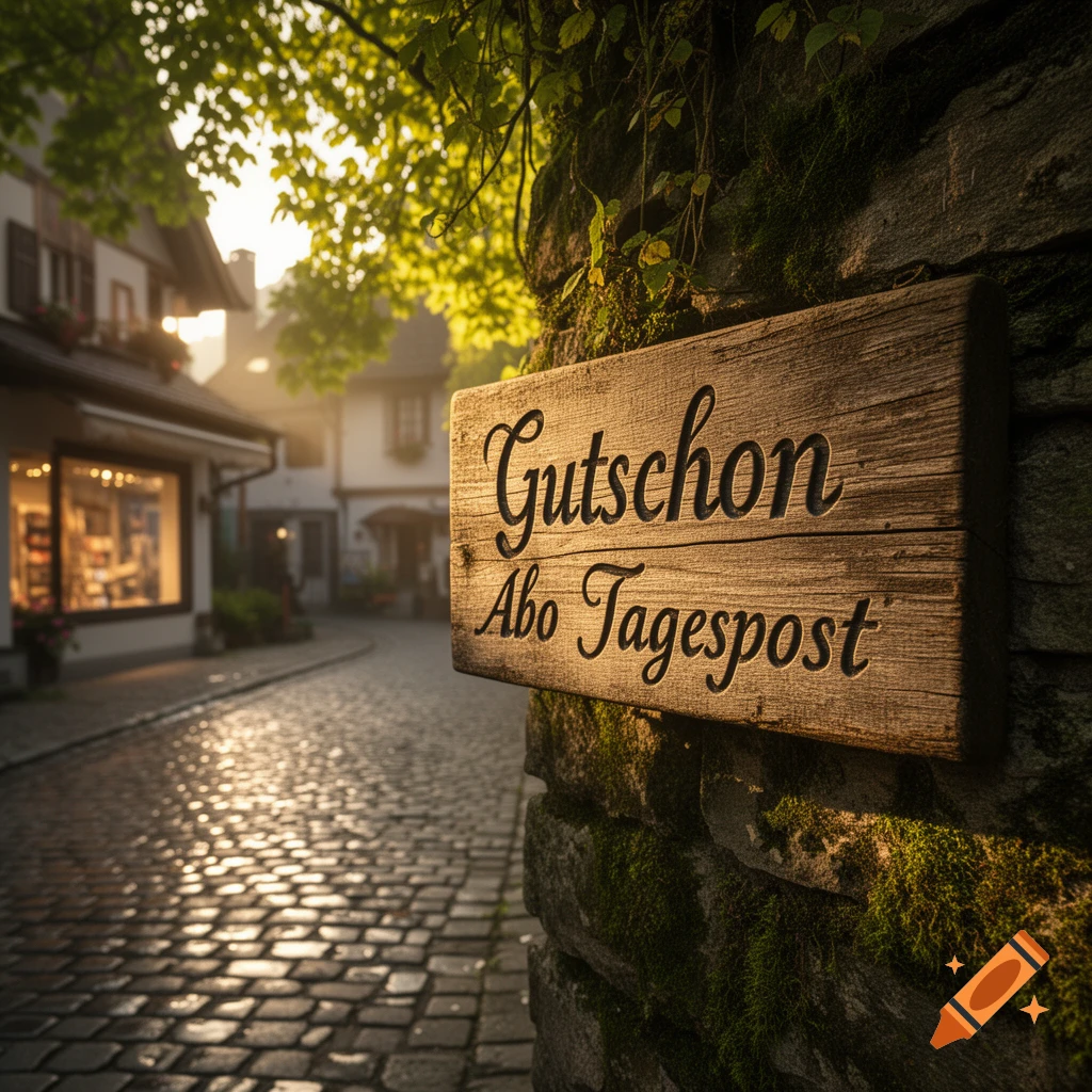 A wooden sign reading "Gutschon Abo Tagespost" on a mossy stone wall in a quaint village street at sunset.