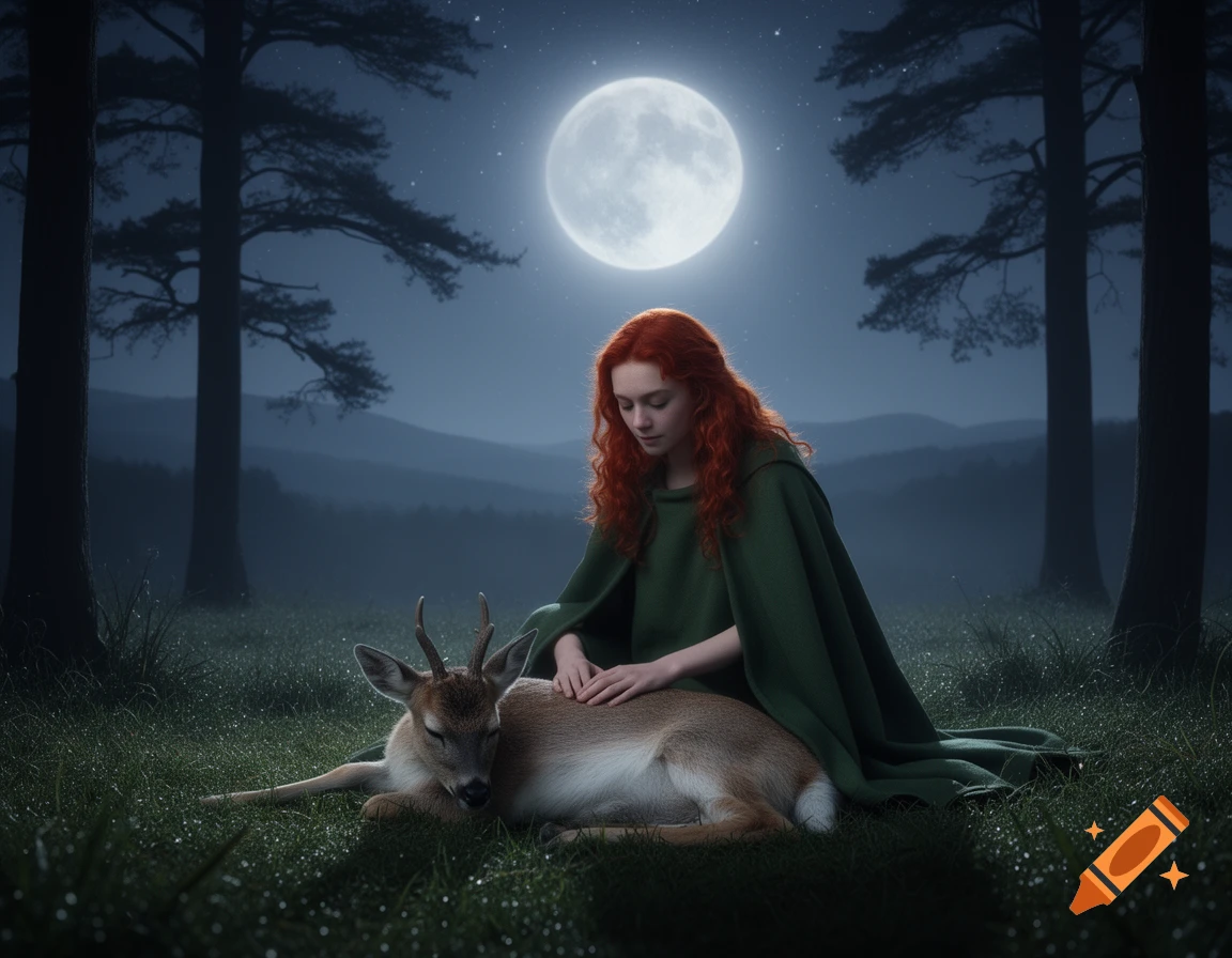 A red-haired woman in a green cloak kneels beside a sleeping deer in a moonlit forest at night, casting a soft glow.