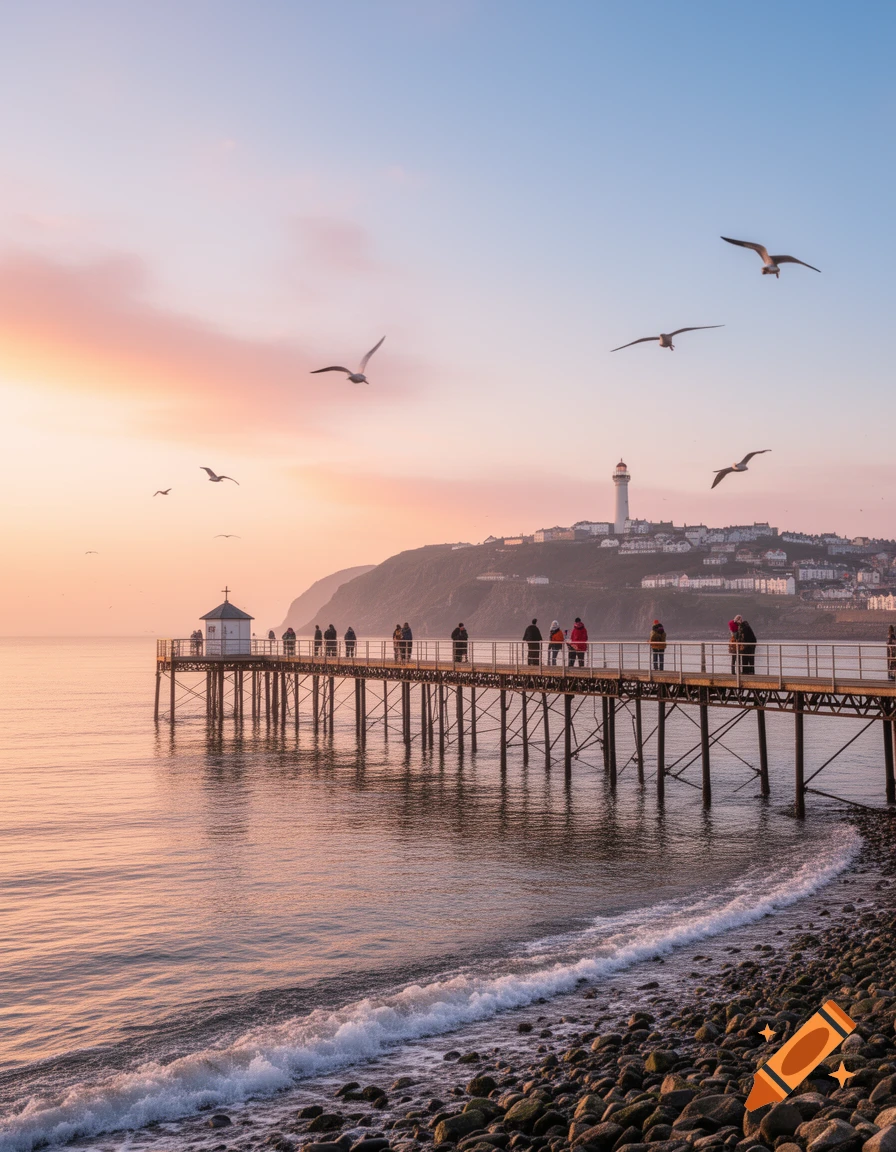 A scenic pier extends into calm water at sunset, with a lighthouse and town on a distant hill, and seagulls flying in the sky.
