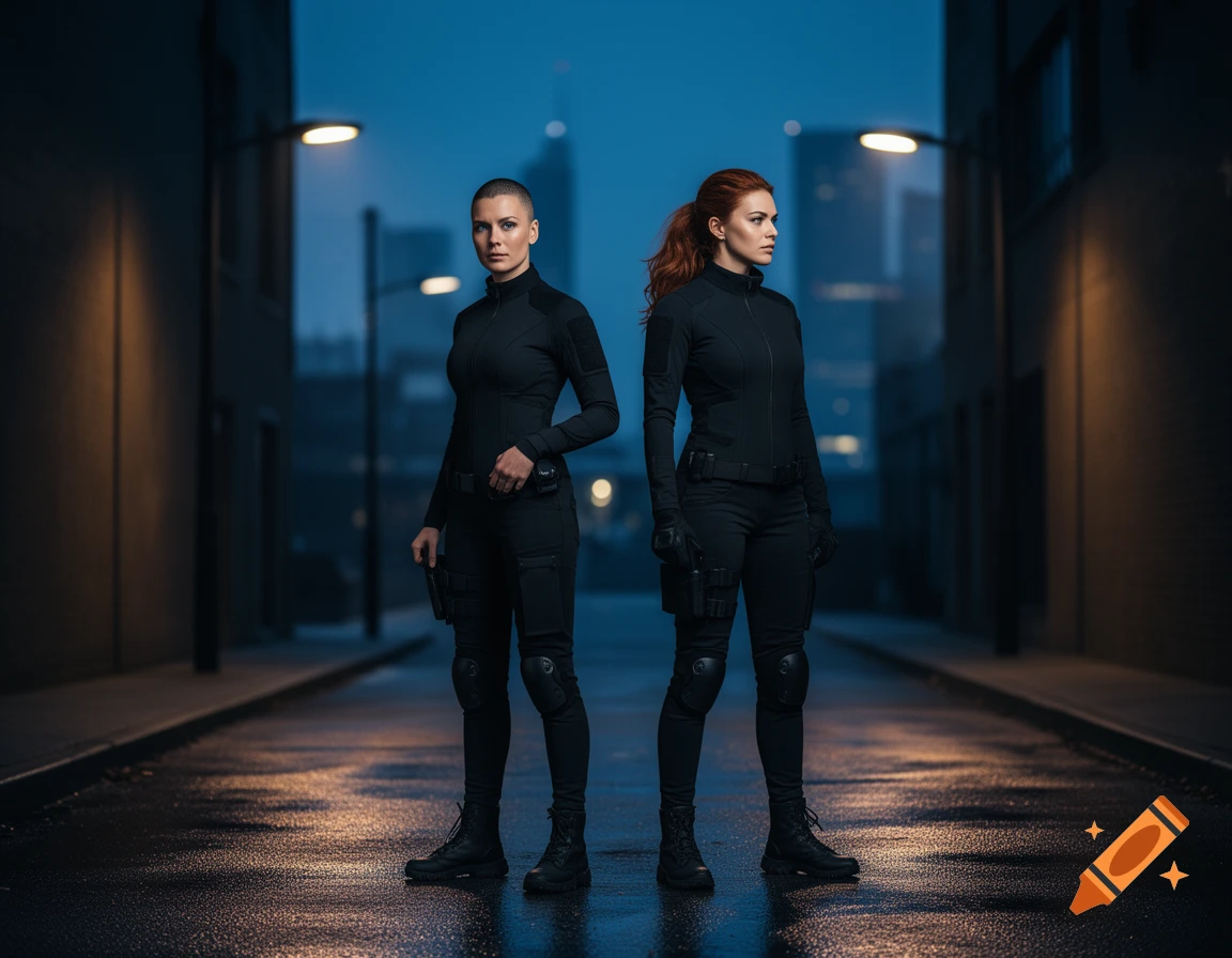 Two women in black tactical suits stand in a dark, wet urban alley at night, looking determined. Photorealistic style.