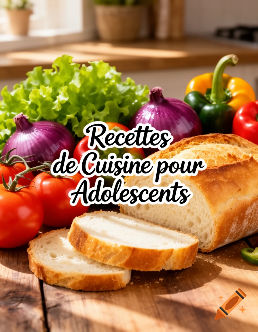 Fresh vegetables and sliced bread on a wooden table, with text 'Recettes de Cuisine pour Adolescents'.
