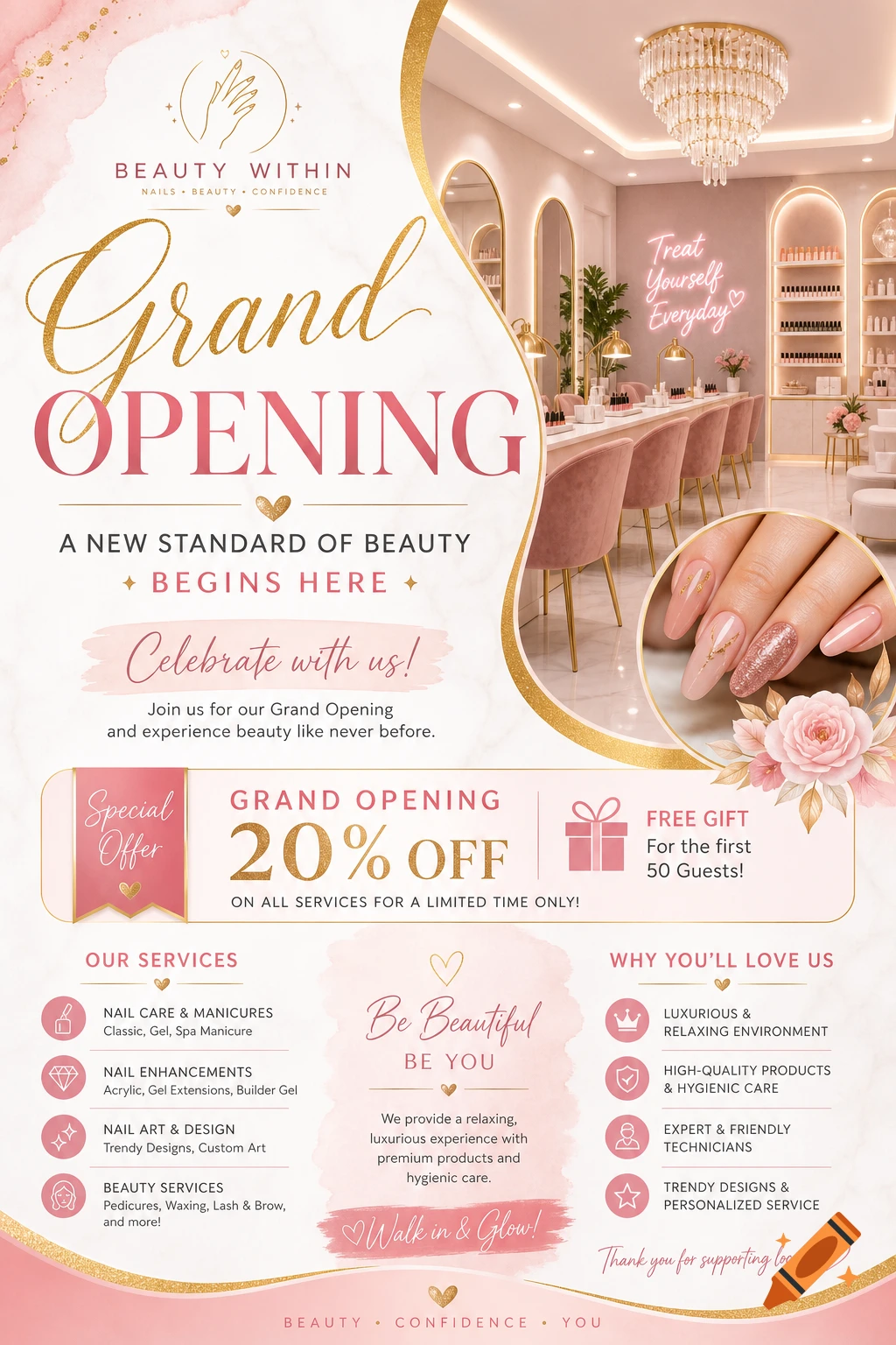 Grand opening flyer for a luxurious pink and gold beauty salon, showcasing a manicured hand, interior, services, and discounts.