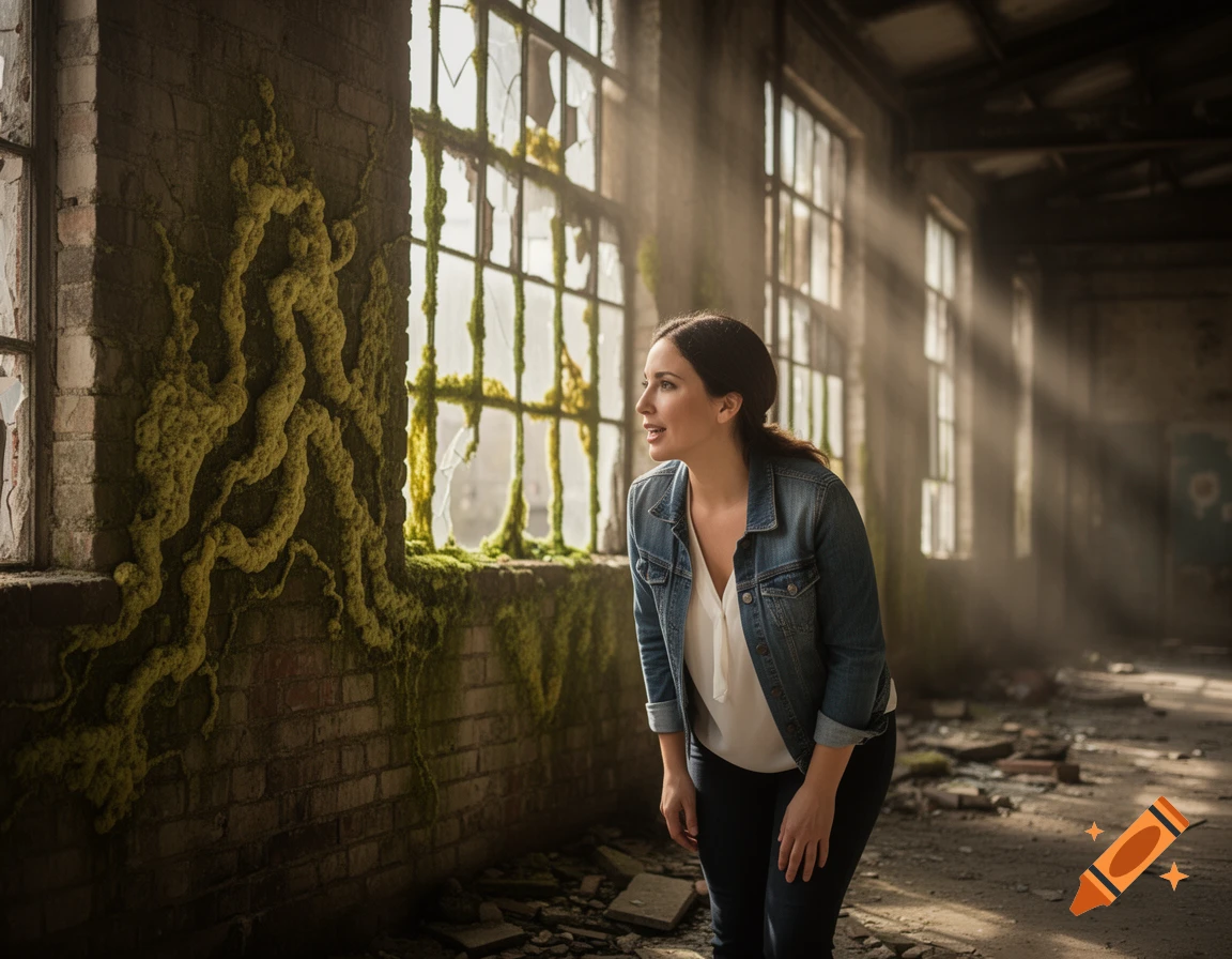 A woman in a denim jacket and white shirt looks out a broken window covered in green moss inside a dark, abandoned building.