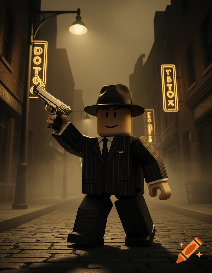 A Roblox-style character dressed in a pinstripe suit and fedora holds a pistol, standing on a cobblestone street at night with neon signs.