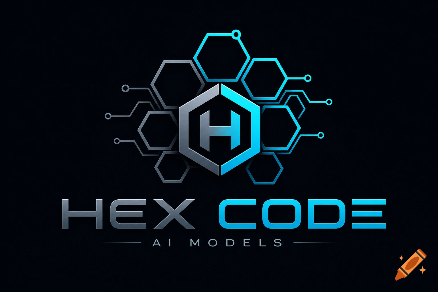 HEX CODE AI MODELS company logo with a stylized 'H' in a central hexagon, surrounded by blue and gray hexagons and circuit lines.
