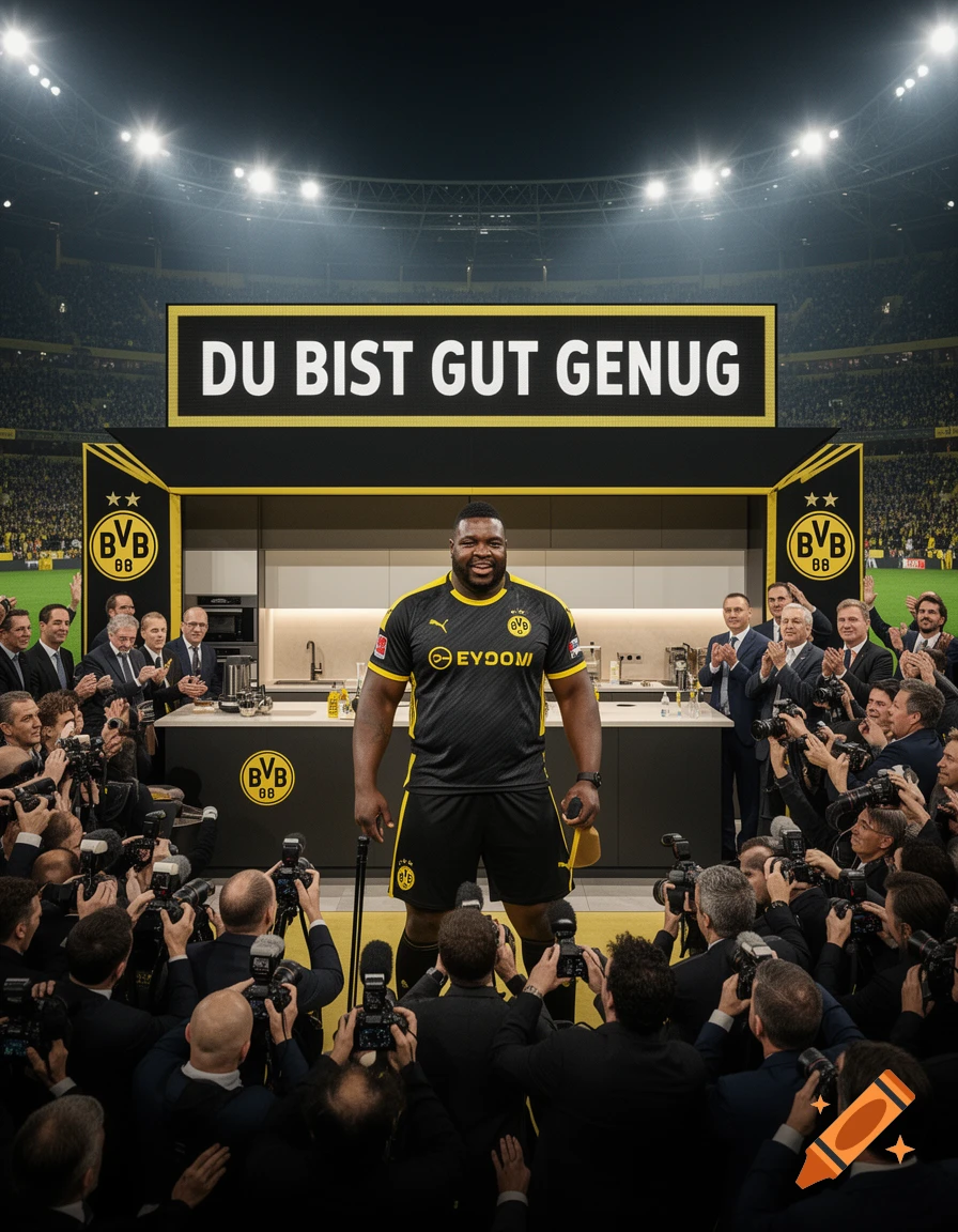 A muscular Black man in a black and yellow BVB uniform stands on a stage in a stadium, surrounded by photographers. Above him, a large screen displays "DU BIST GUT GENUG".