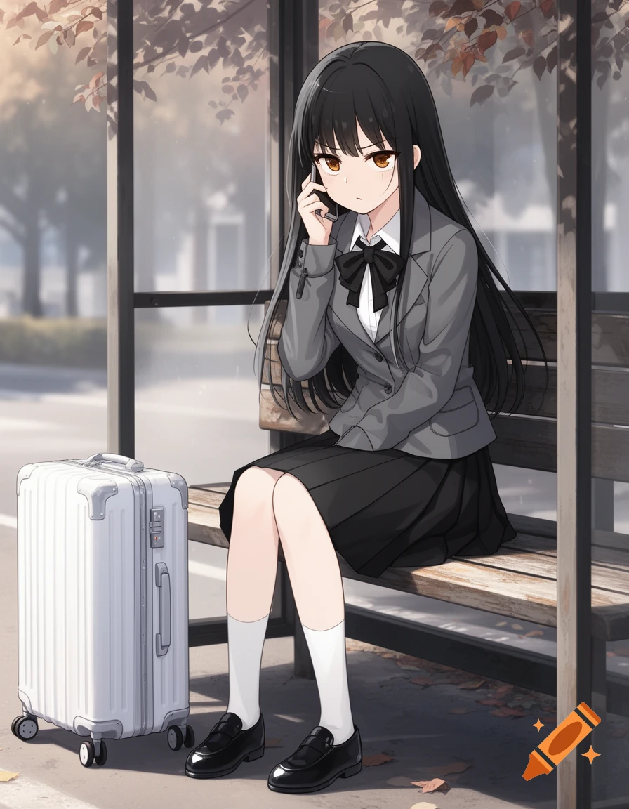 An anime girl with long black hair, in a school uniform, sits at a bus stop bench, talking on a phone with an awkward expression, a white suitcase nearby.