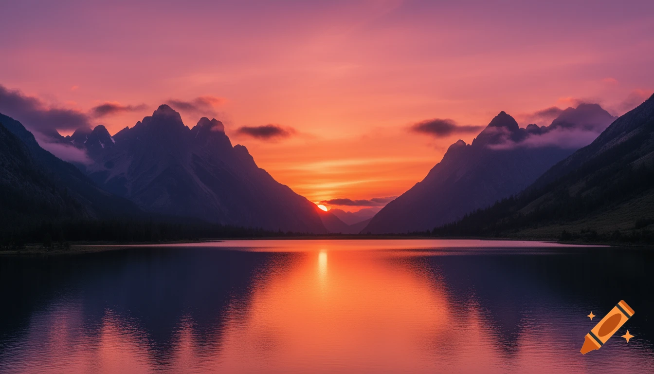 A vibrant orange and purple sunset over a calm lake, reflecting the sky and silhouetted mountains.