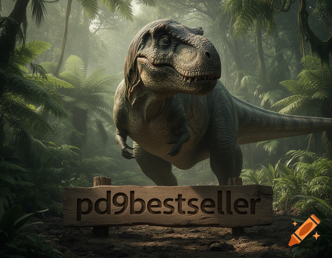 A photorealistic T-Rex stands in a dense, misty jungle, with a wooden sign reading "pd9bestseller" in the foreground.