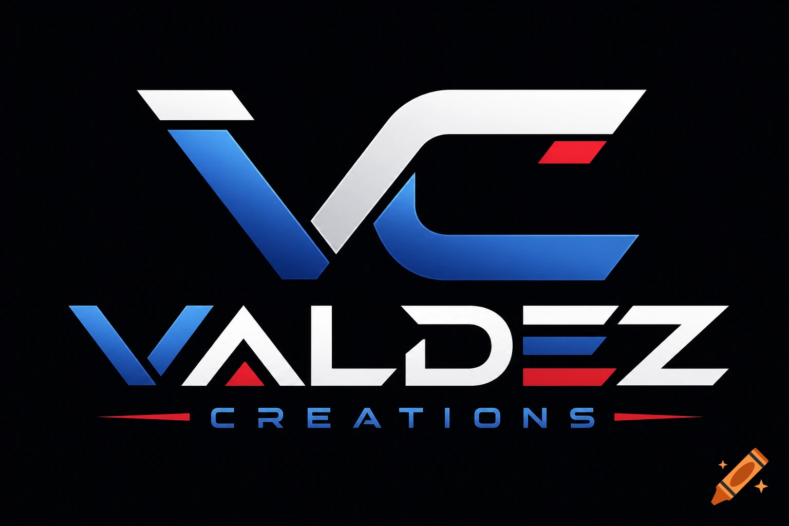 Modern logo for 'Valdez Creations' featuring abstract 'VC' initials, 'VALDEZ' in a futuristic font, and 'CREATIONS' below, all in blue, white, and red on a black background.