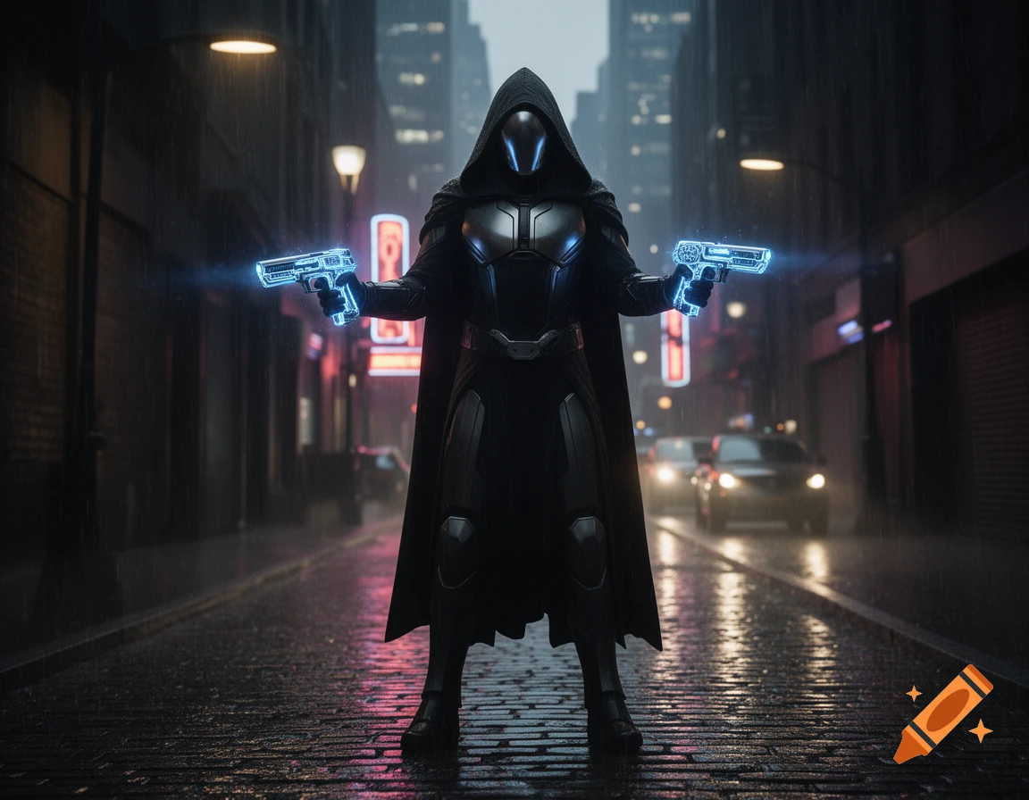A hooded figure in dark armor holds two glowing blue pistols in a rainy cyberpunk city street.