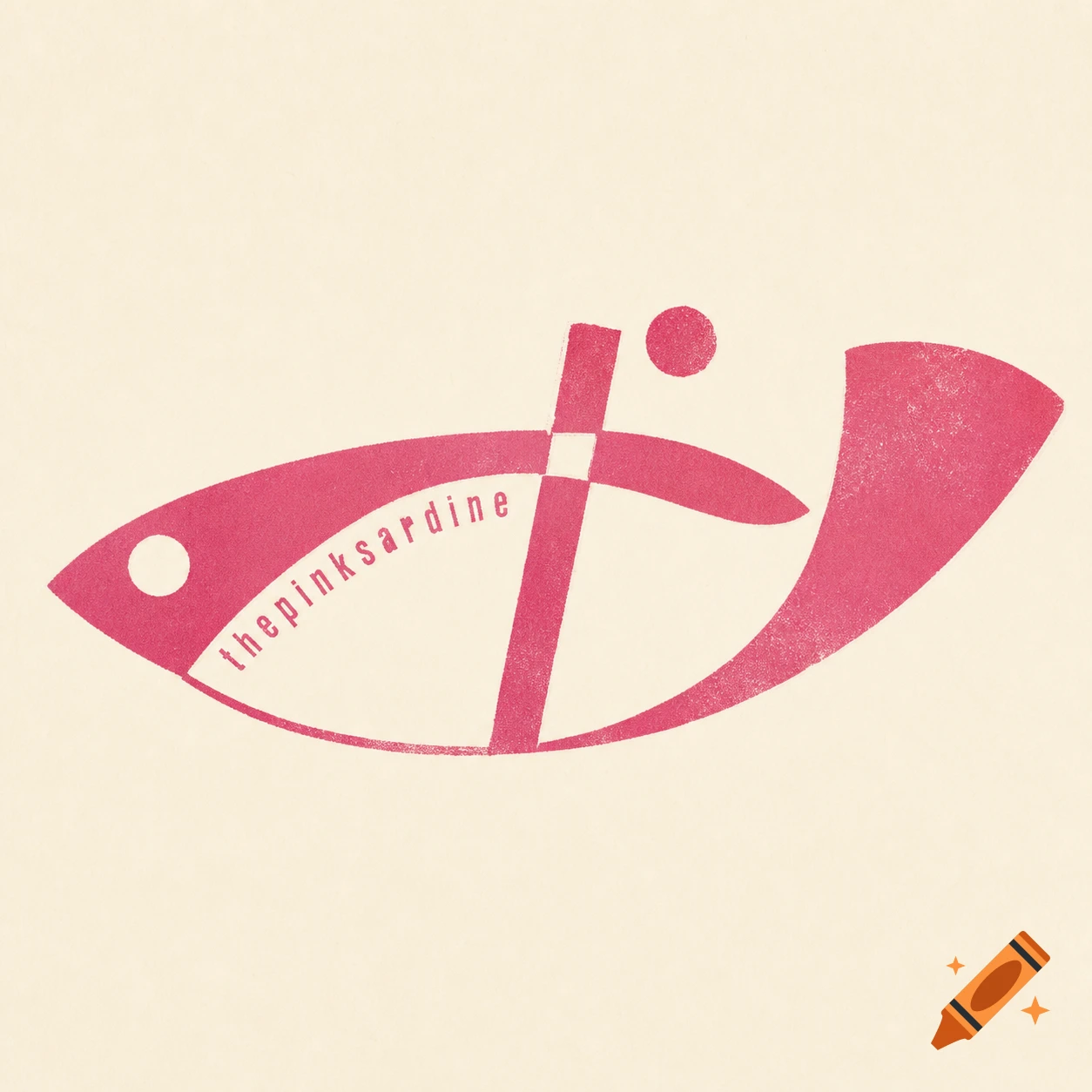 A retro, abstract fuchsia pink sardine logo with 'thepinksardine' text, on a cream background, featuring screen-print texture.