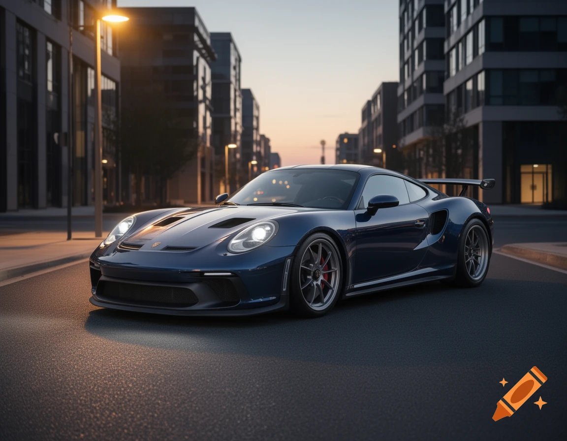 A dark blue sports car with bright headlights parked on an asphalt street in a city at dusk, with buildings and streetlights.