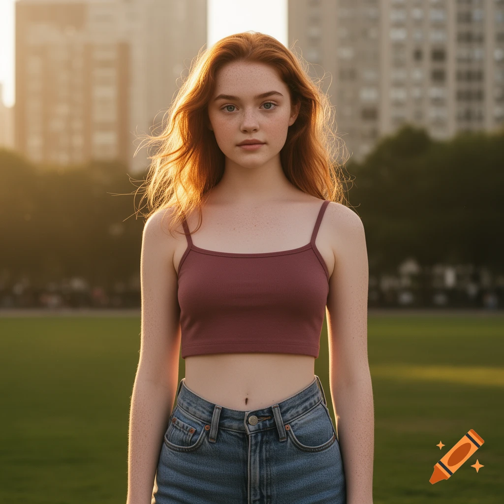 A young woman with red hair and freckles stands outdoors in a crop top and jeans during sunset, with city buildings in the background.