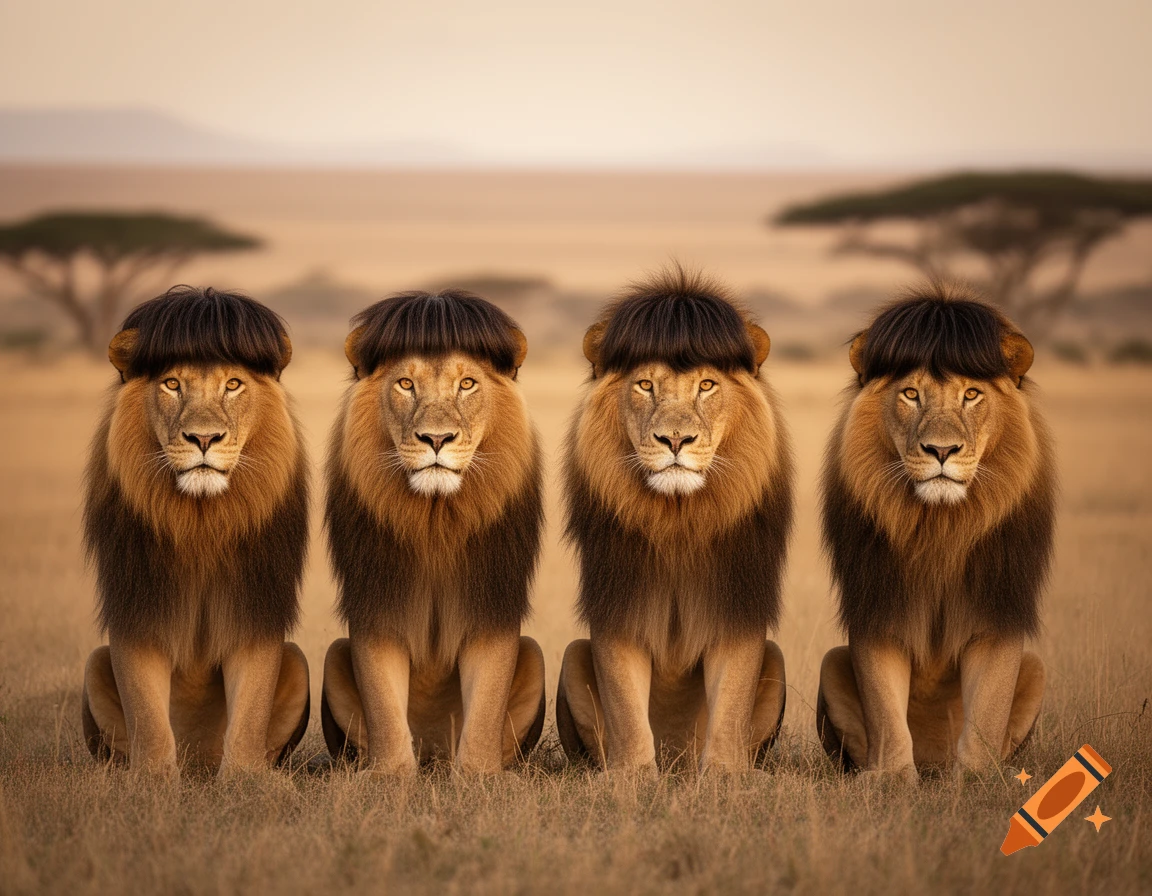 Four photorealistic lions with dark mop-top haircuts sit in a savanna landscape.