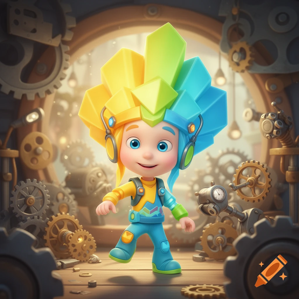 A cute cartoon character with a yellow, green, and blue spiky headpiece, headphones, and colorful overalls stands in a workshop filled with gears and machinery.