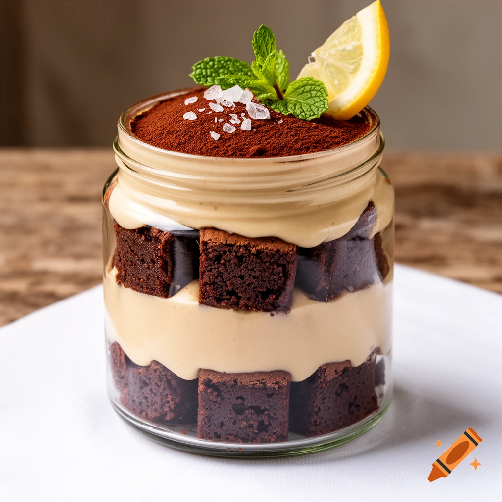 Photorealistic layered brownie trifle in a glass jar, garnished with mint, sea salt, and a lemon slice.
