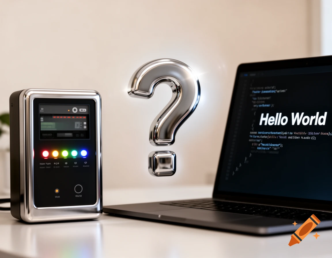 A shiny silver question mark floats between a black digital wattmeter with colored lights and a laptop displaying 'Hello World' code.