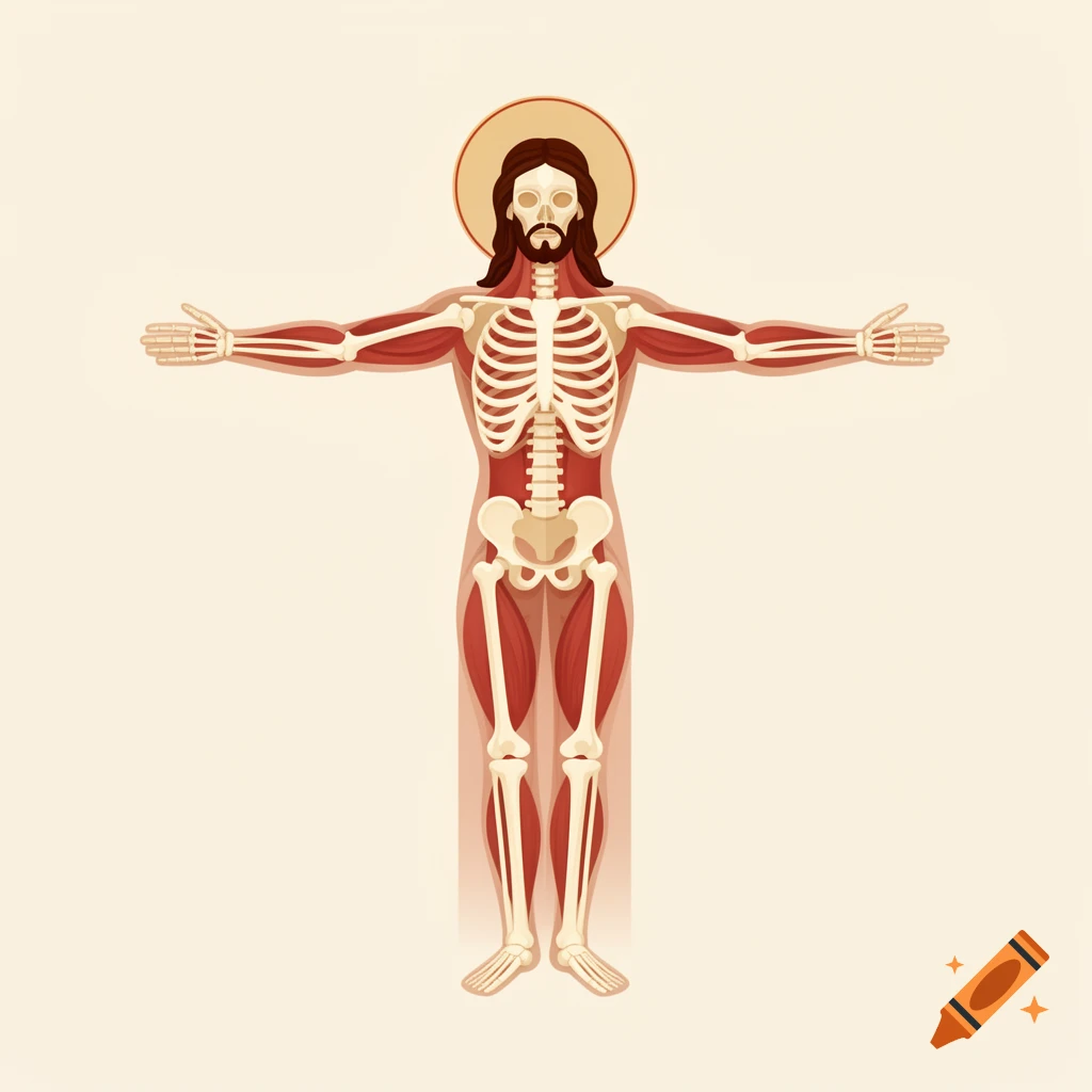 Stylized anatomical illustration of Jesus showing his skeleton and muscles, with a halo.