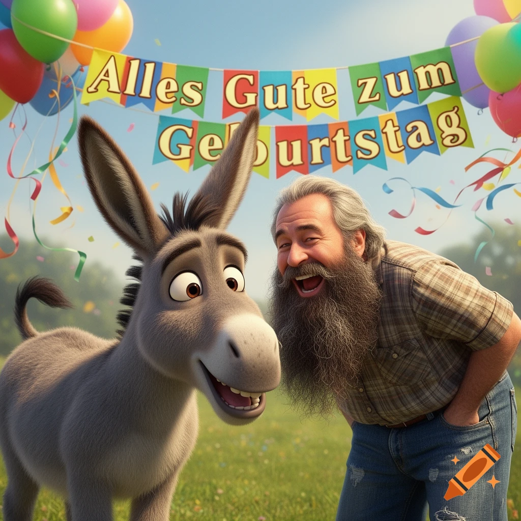 A cartoon donkey and a bearded man laugh in a field with a "Happy Birthday" banner, balloons, and streamers.