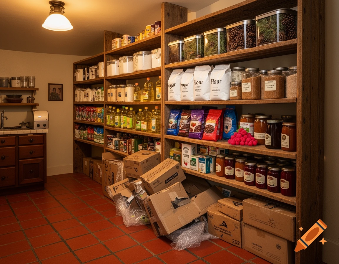 A well-stocked rustic pantry with wooden shelves, red tile floor, a variety of bakery ingredients, preserves, and jumbled delivery boxes.