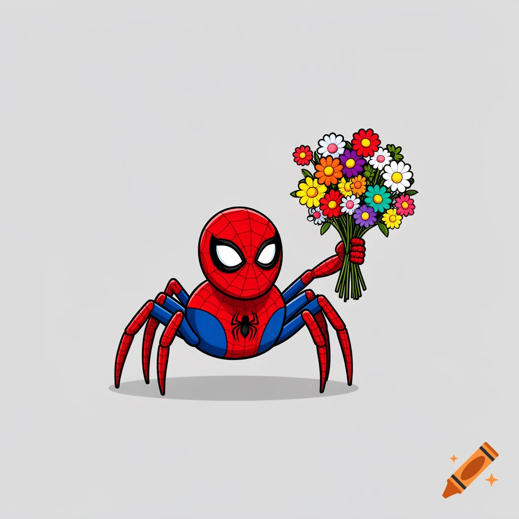 A cartoon Spider-Man-like spider with eight red and blue legs holds a colorful bouquet of flowers.