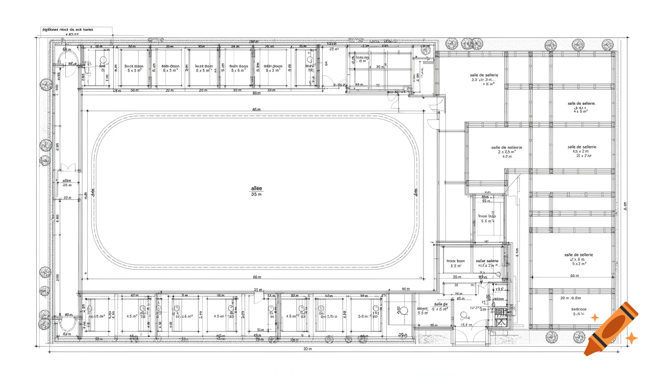 An architectural blueprint of an equestrian facility, showing a large riding arena, stables, tack rooms, and paddocks with dimensions and labels in French.