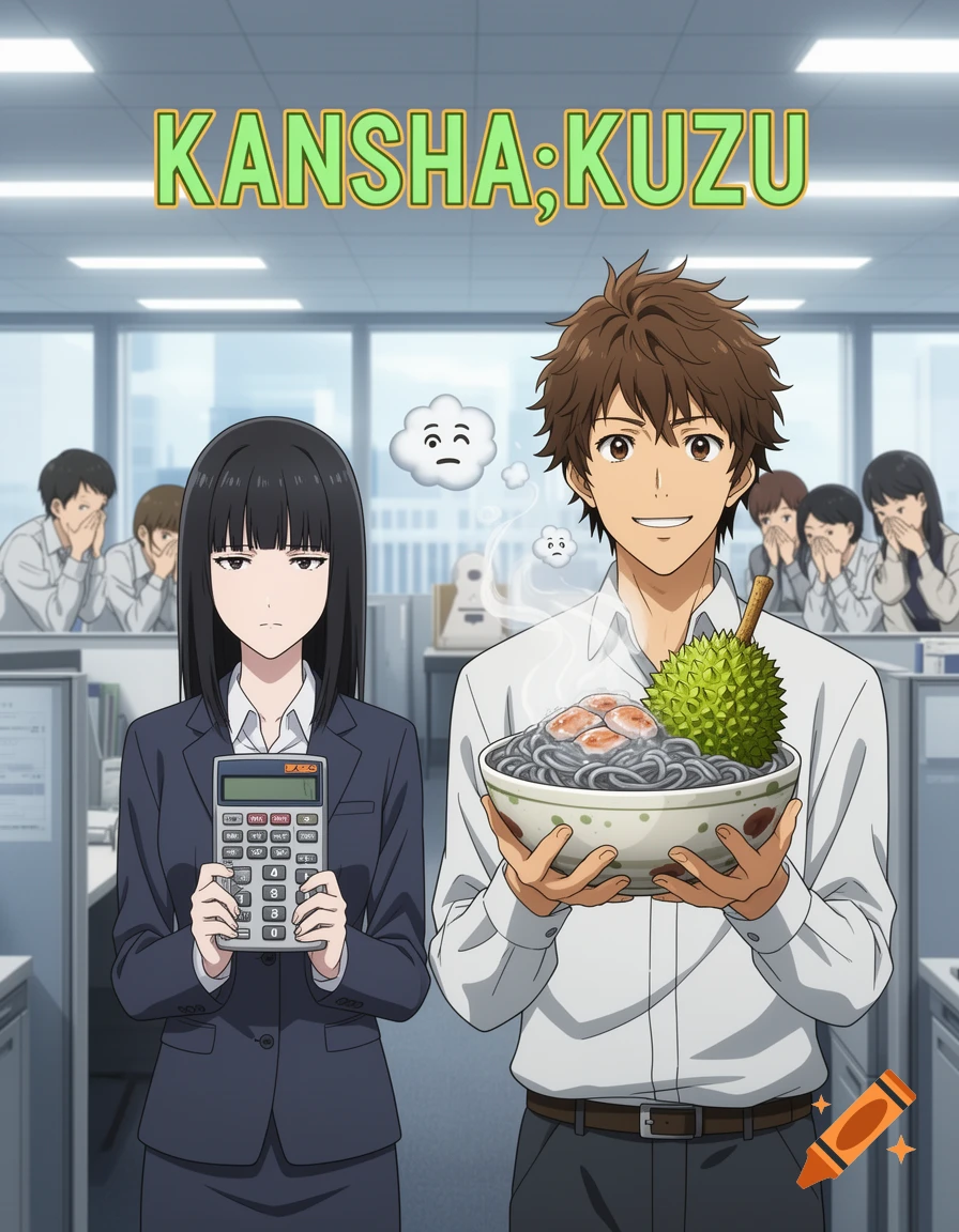 Anime poster for 'KANSHA;KUZU' of a man with bizarre noodles and a woman with a calculator in an office. Coworkers react with disgust.