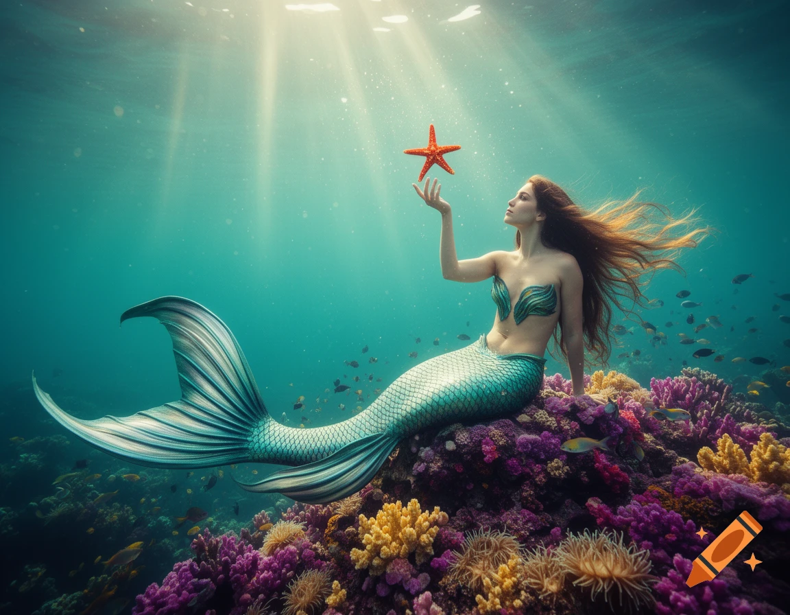 A beautiful mermaid with flowing red hair sits on a vibrant coral reef, reaching up to a red starfish under sunlit turquoise water.