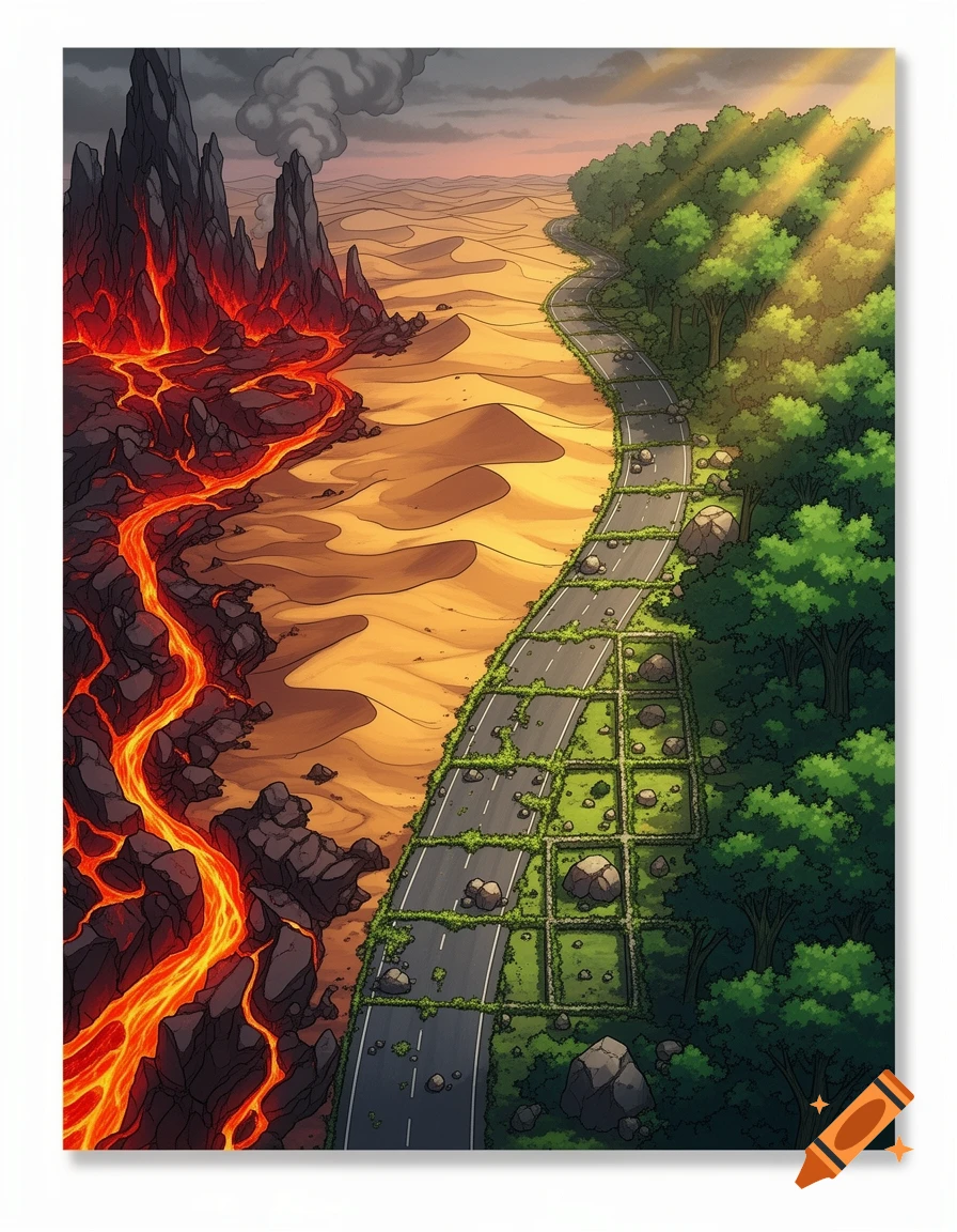 Anime-style top-down landscape split between a volcanic lava field, a desert, and a lush forest with a winding road.