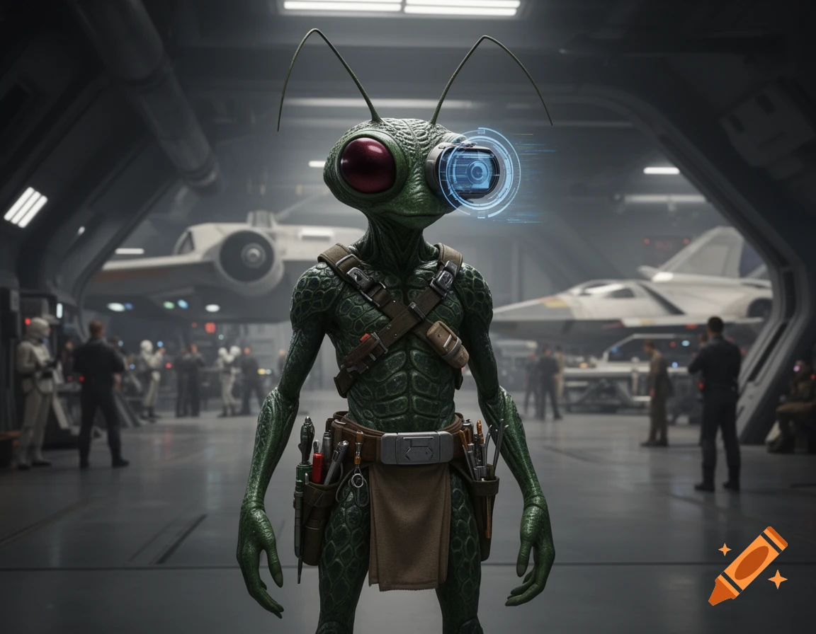 A photorealistic green insectoid alien with large red eyes and antennae stands in a spaceship hangar, wearing a tool belt and chest harness, with a blue holographic display over one eye. Spaceships and other figures are blurred in the background.