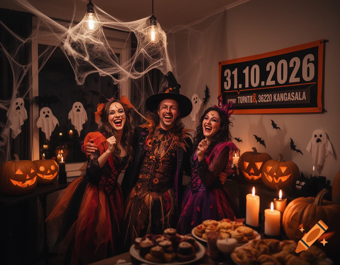 Three happy people in Halloween costumes celebrate at a festive party, surrounded by pumpkins, spiderwebs, ghost decorations, and a table laden with snacks.