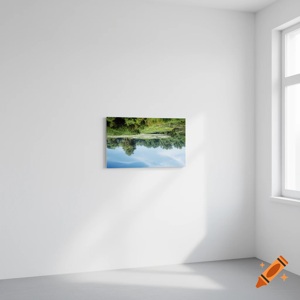 A white minimalist room with a large window and a frameless inverted landscape painting on the wall.