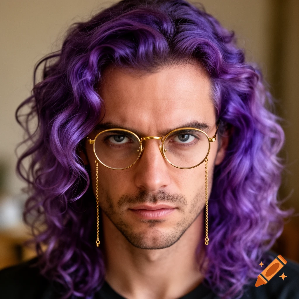 A man with wavy purple hair wears round golden glasses with small chains.