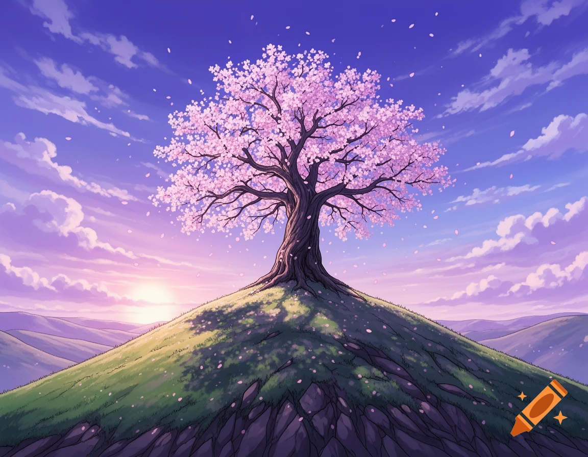 Anime-style cherry blossom tree on a grassy hill at sunset under a vibrant purple and blue sky with clouds.