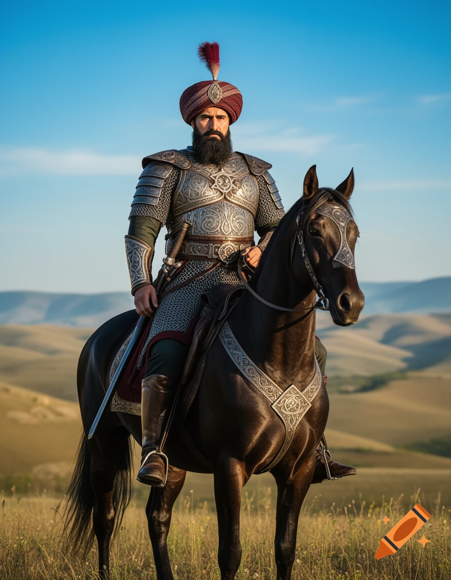 Photorealistic Ottoman warrior in intricate armor and turban, with a beard, riding a dark horse across a sunny, grassy landscape.