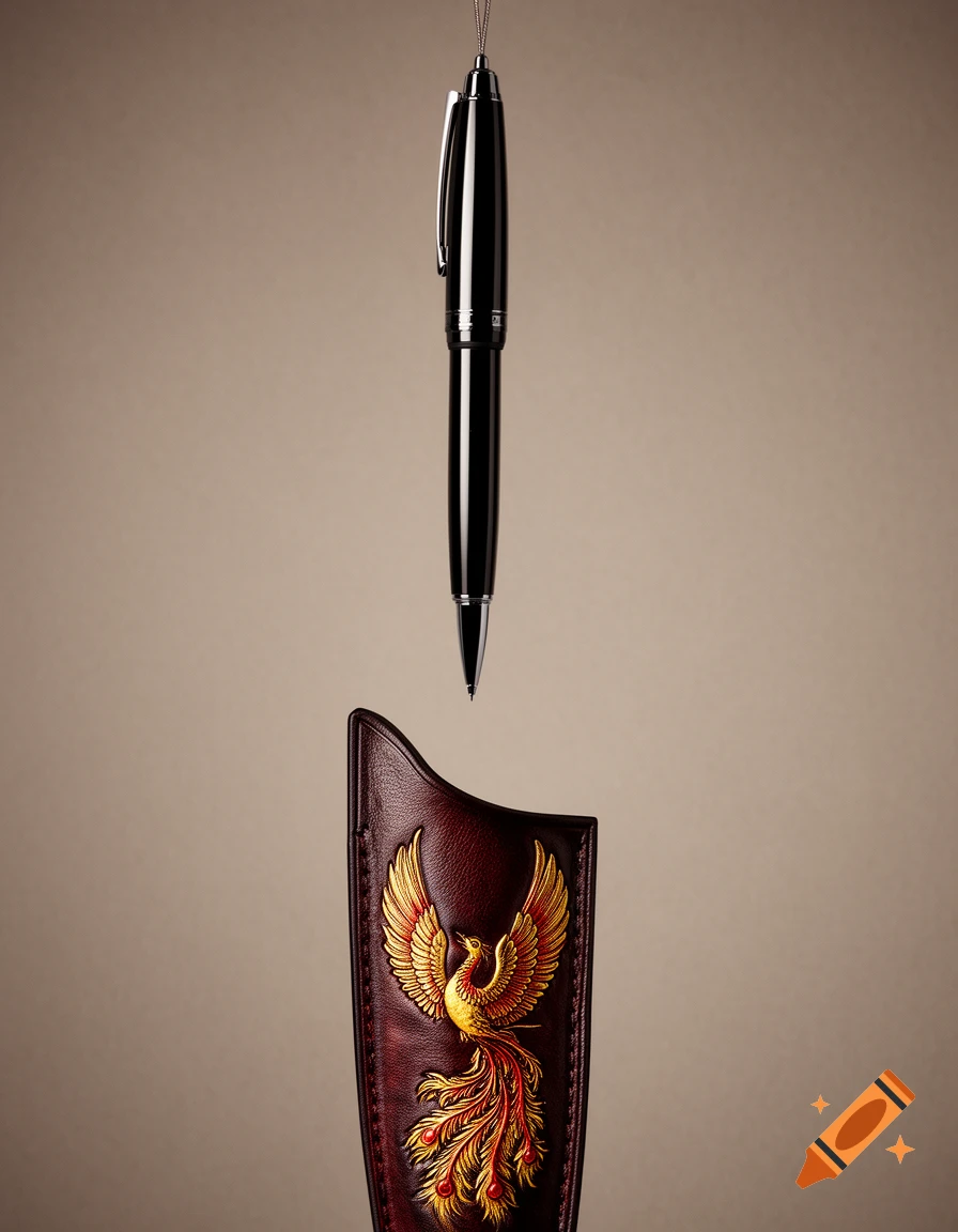 A black fountain pen hangs by a string above a dark brown leather case with a detailed gold and red phoenix emblem.