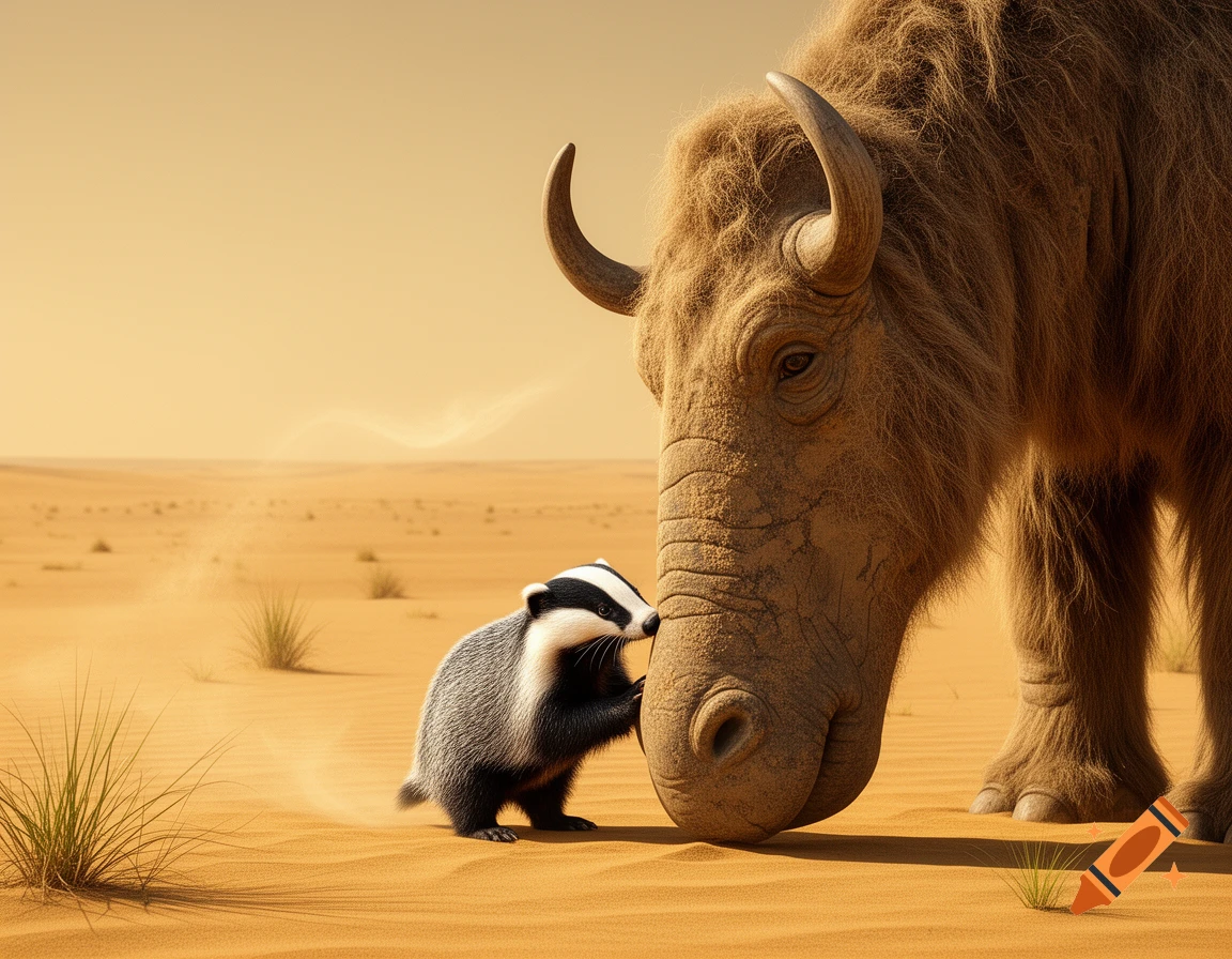 A small badger touches the large, furry snout of a horned desert creature in a vast sandy landscape.